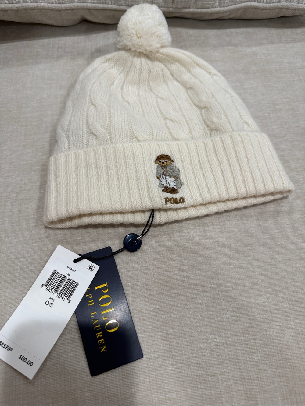 Polo by Ralph Lauren Cream Cable-Knit Pom Beanie with Embroidered Polo Bear